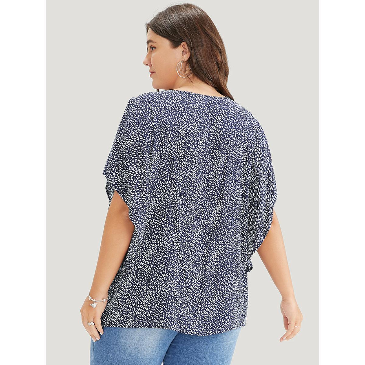 Plus Size Indigo Polka Dot Ruffle Sleeve Keyhole Neck Blouse Women Elegant Short sleeve Round Neck Dailywear Blouses BloomChic 14-16/1X Product Image