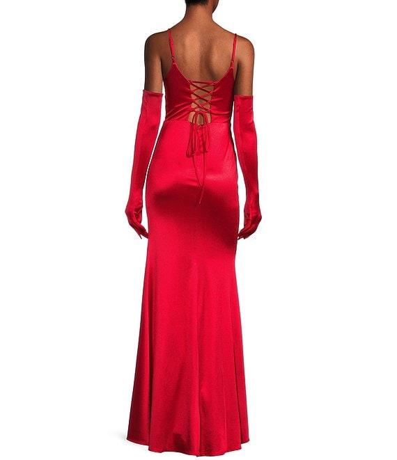 Midnight Doll Spaghetti Strap Corset Satin Gloves Long Dress Product Image