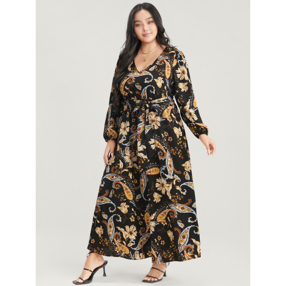 Plus Size Floral Pocket Lantern Sleeve V Neck Belted Maxi Dress Black Women Elegant Belted V-neck Long Sleeve Curvy Long Dress BloomChic 30/6X Product Image