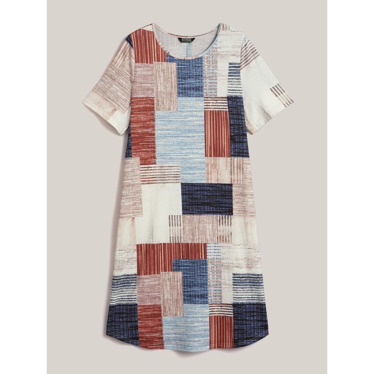 Plus Size Abstract Print Round Neck Flared Midi Dress Multicolor Women Casual Non Knit Dresses Bloomchic 22-24/3X Product Image