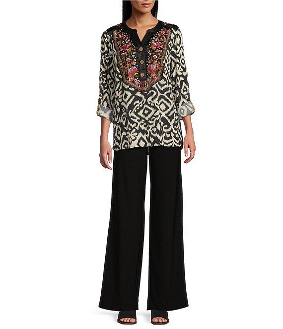 John Mark Velvet-Detailed Floral-Embroidered Y-Neck Long Sleeve Top Product Image
