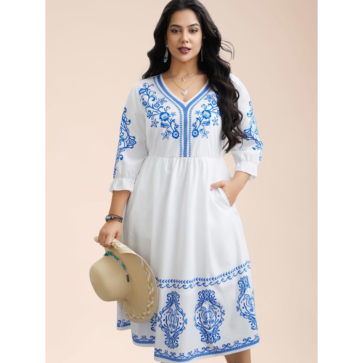 Plus Size Boho Print Waist-Defined Ruffle Midi Dress Stone Women Resort Non V-neck Elbow-length sleeve Curvy BloomChic 30/6X Product Image