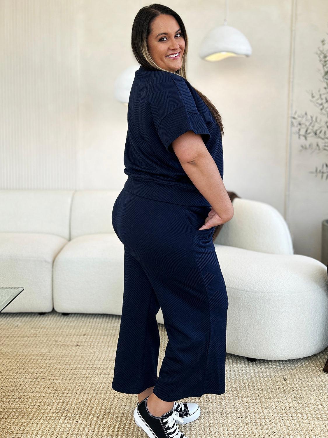 Double Take Full Size Texture Short Sleeve Top and Pants Set Product Image