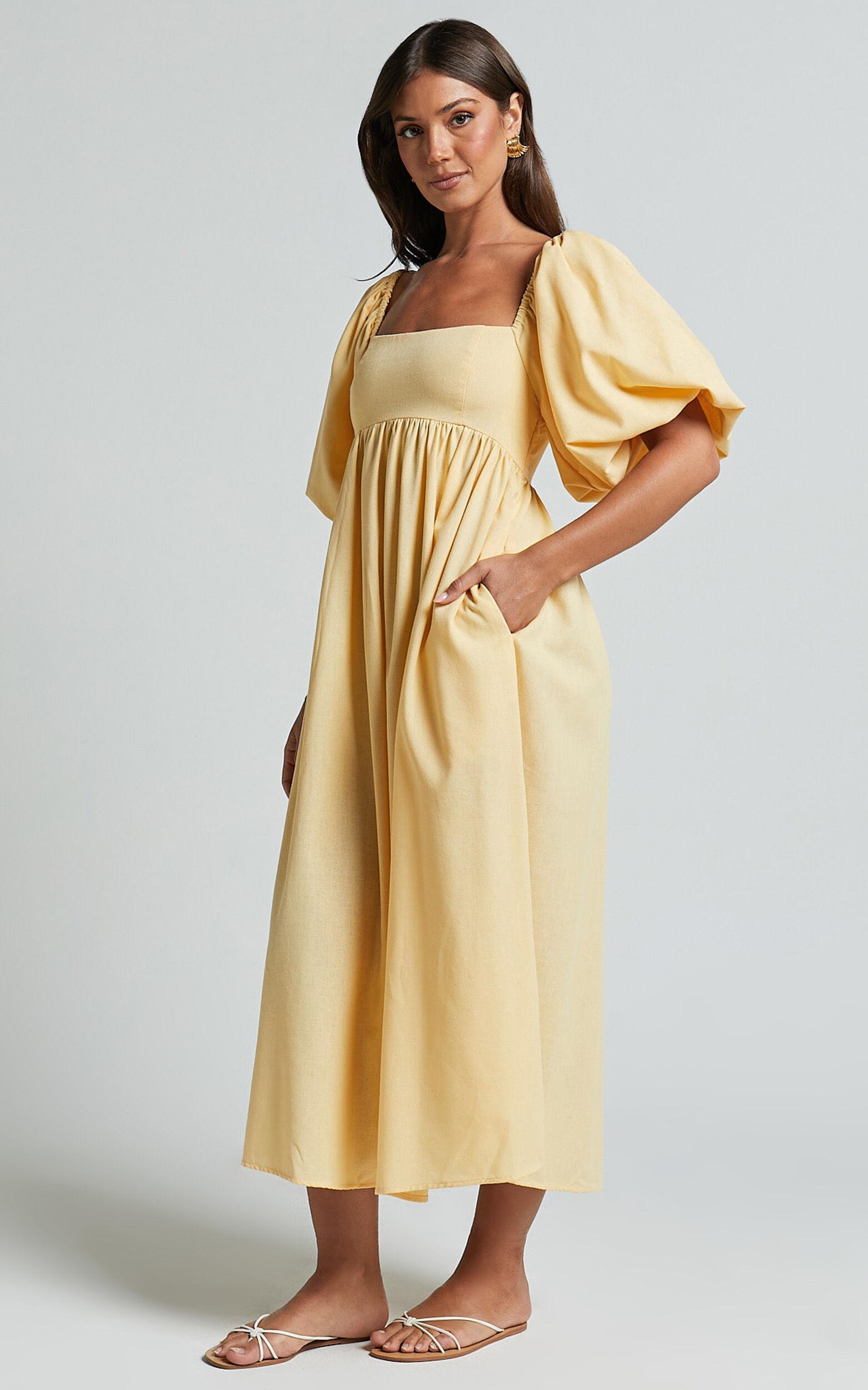 Cenia Midi Dress - Linen Straight Neck Shirred Back Puff Sleeve Dress in Lemon Product Image