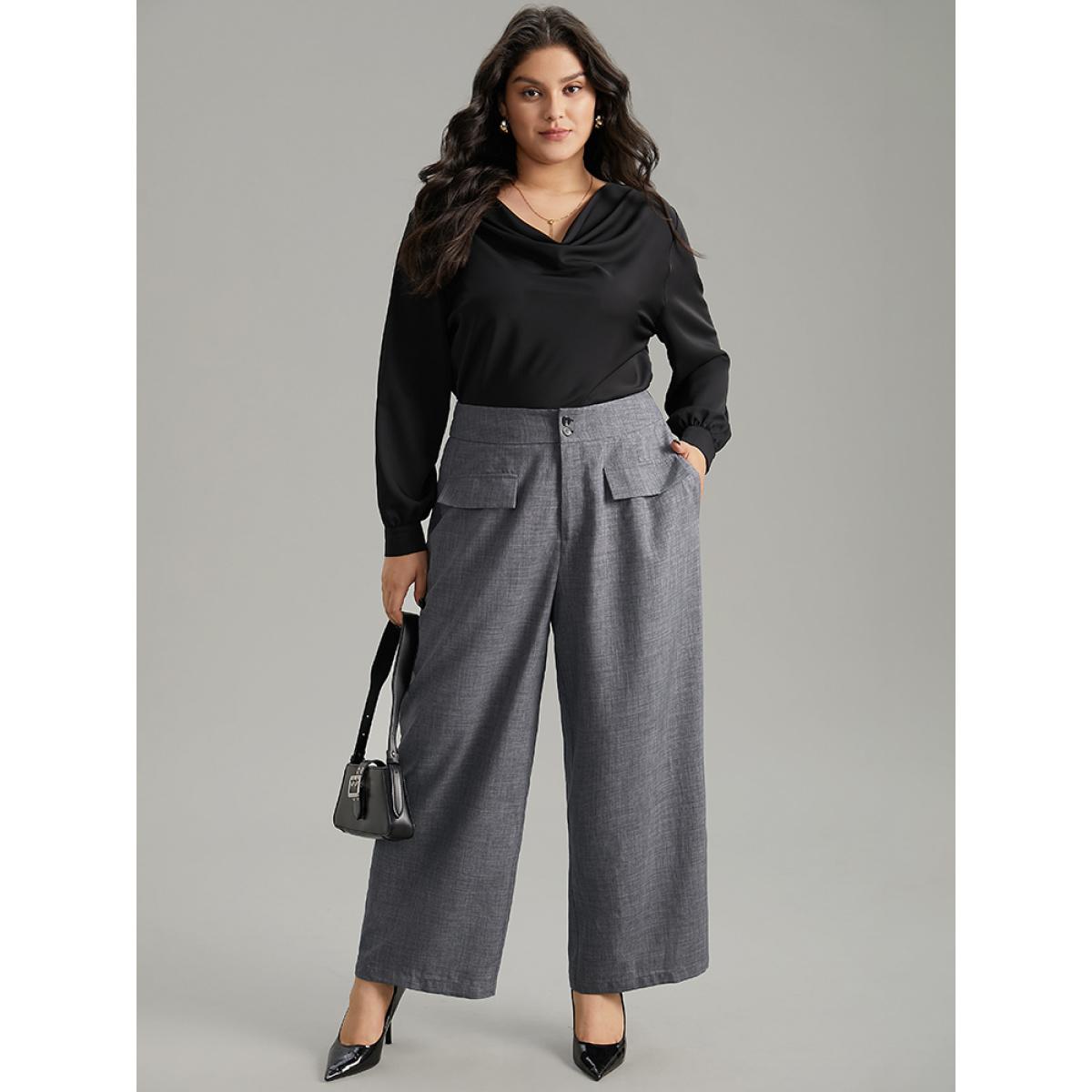 Plus Size Textured Button Up Flap Detail Wide Leg Pants Women Gray Office Wide Leg High Rise Office Pants BloomChic 18-20/2X Product Image