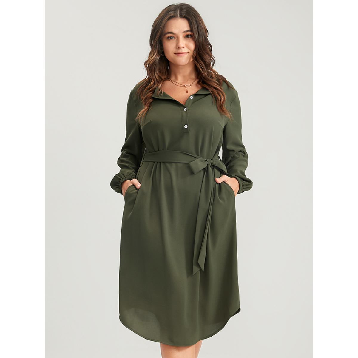 Plus Size Solid Lantern Sleeve Button Pocket Belted Arc Hem Dress ArmyGreen Women Office Belted Round Neck Long Sleeve Curvy Midi Dress BloomChic 12/L Product Image
