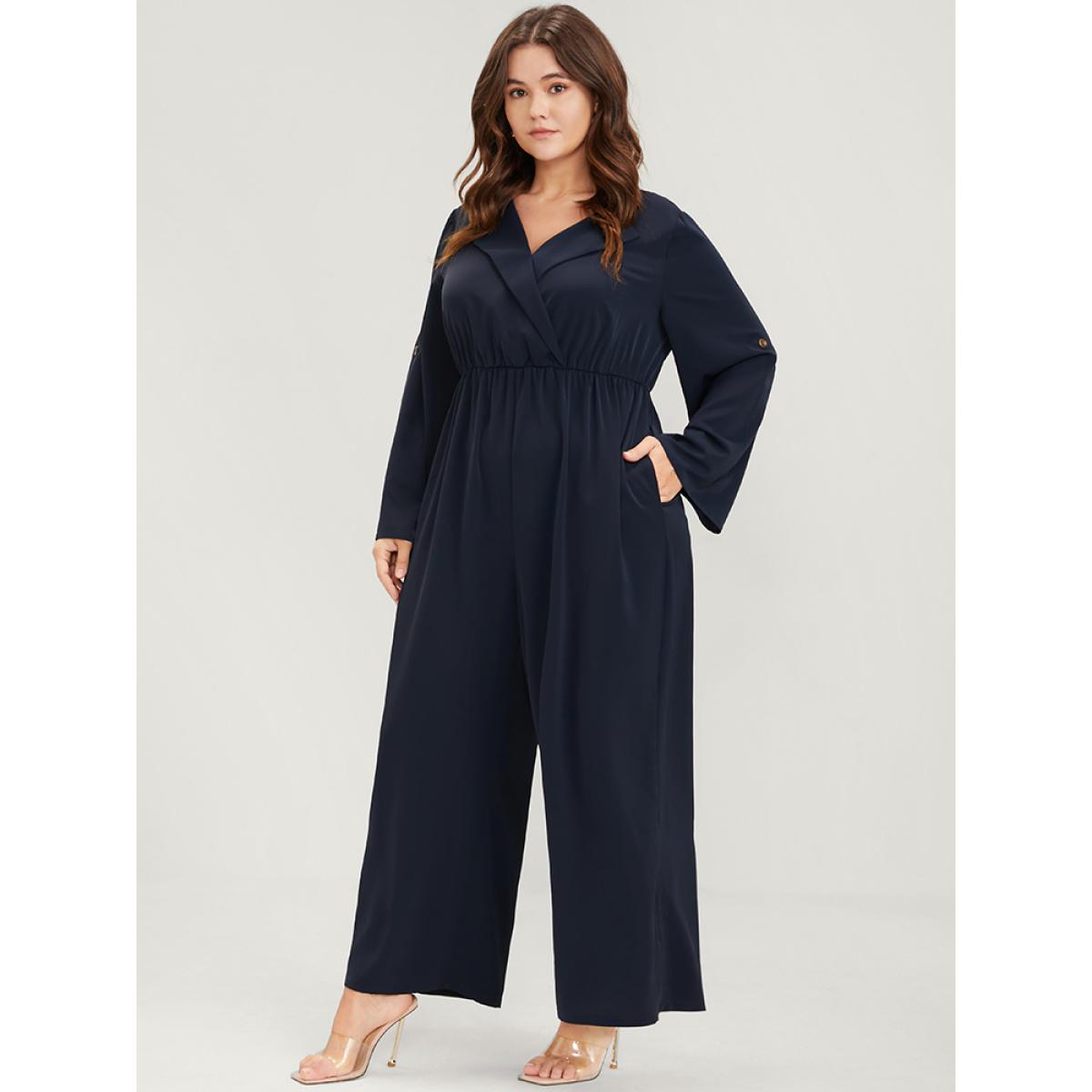 Plus Size DarkBlue Solid Pocket Button Cuffed Sleeve Suit Collar Jumpsuit Women Office Long Sleeve Suit Collar Work Loose Jumpsuits BloomChic 26/4X Product Image
