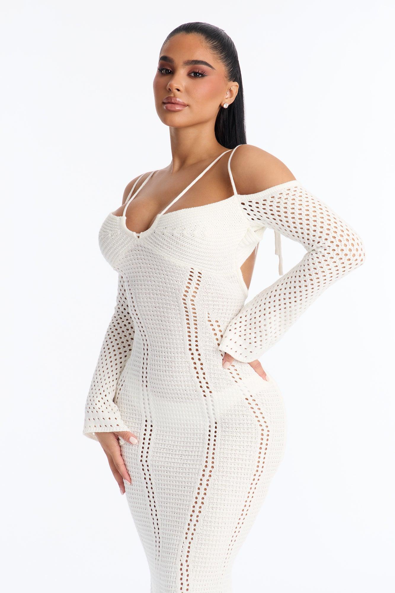 Wanderlust Backless Crochet Maxi Dress - Cream Female Product Image
