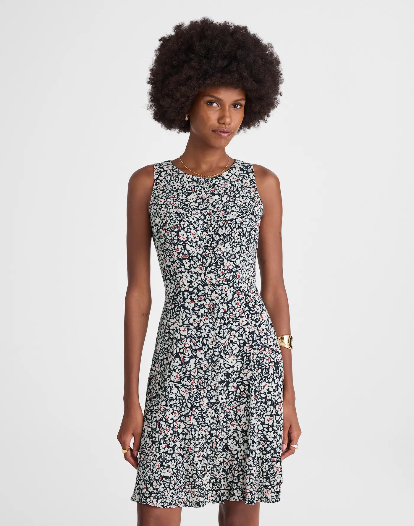 Button-Front Boatneck Mini Dress in Floral Product Image