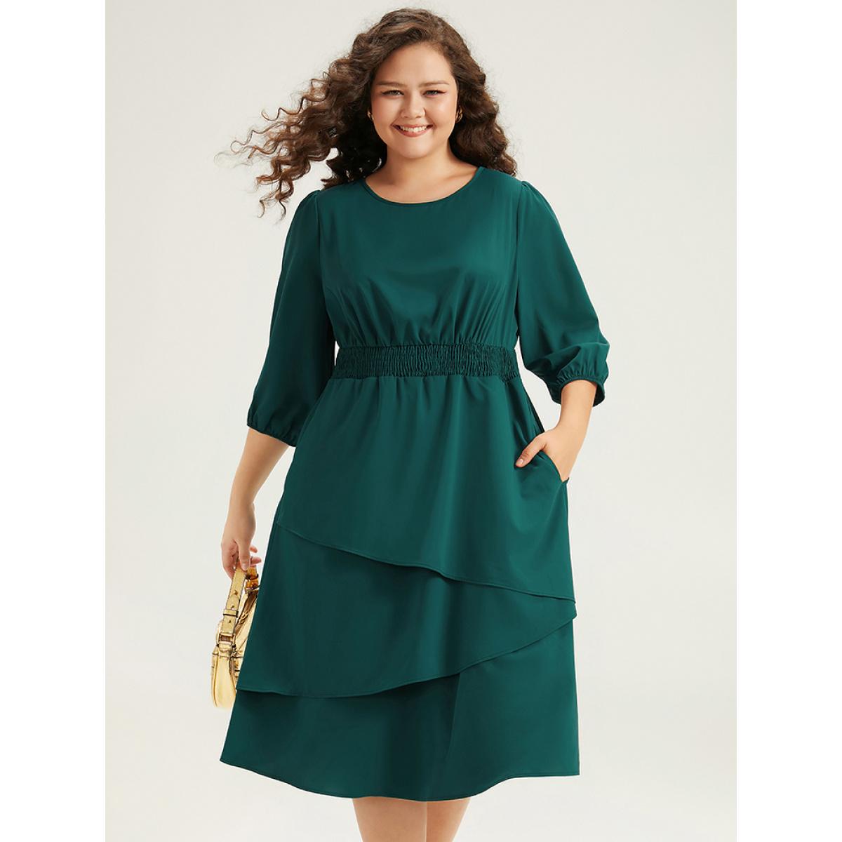Plus Size Twill Flutter Shirred Asymmetrical Layered Hem Dress Teal Women At the Office Elastic cuffs Round Neck Elbow-length sleeve Curvy Midi Dress BloomChic 10/M Product Image