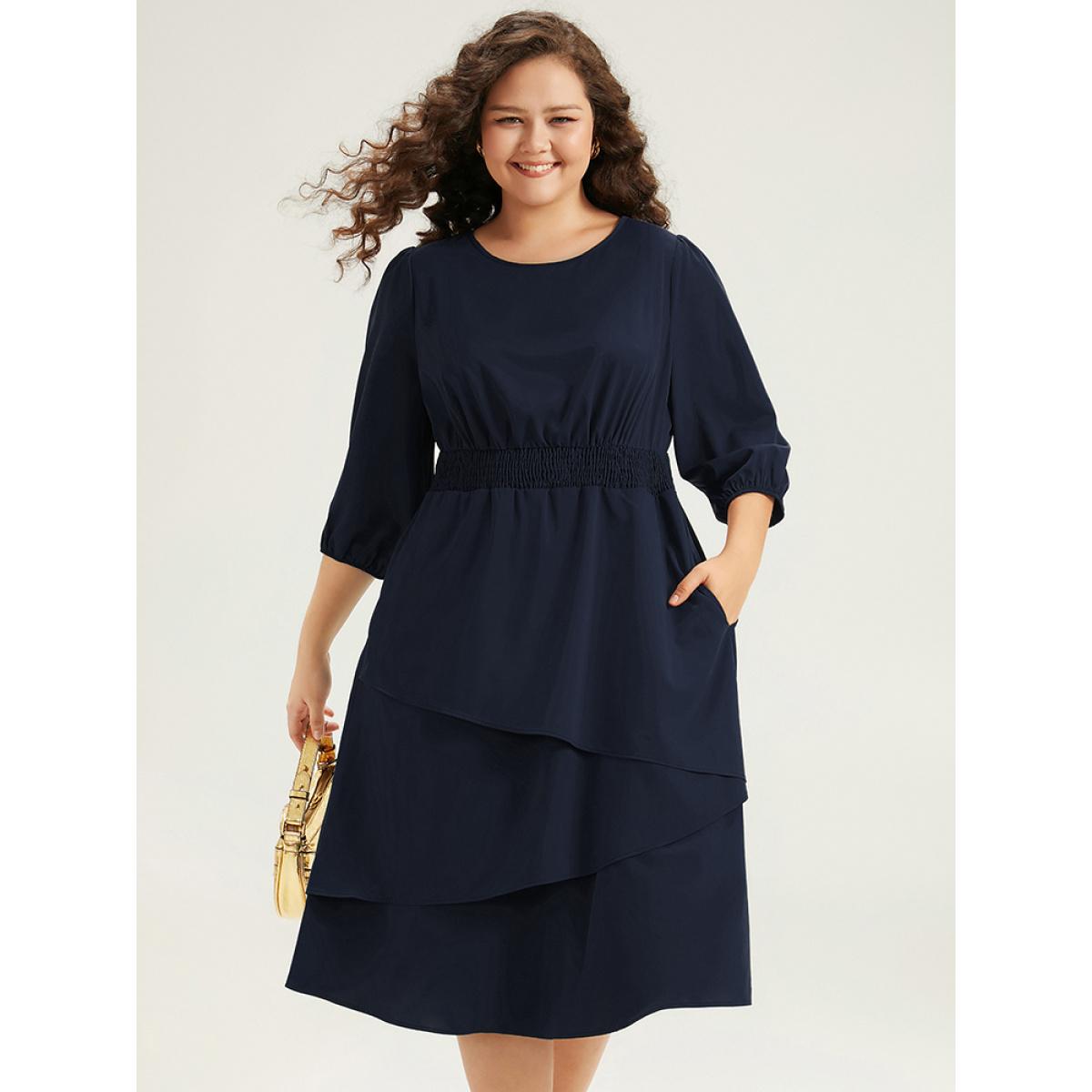 Plus Size Twill Flutter Shirred Asymmetrical Layered Hem Dress Indigo Women At the Office Elastic cuffs Round Neck Elbow-length sleeve Curvy Midi Dress BloomChic 26/4X Product Image