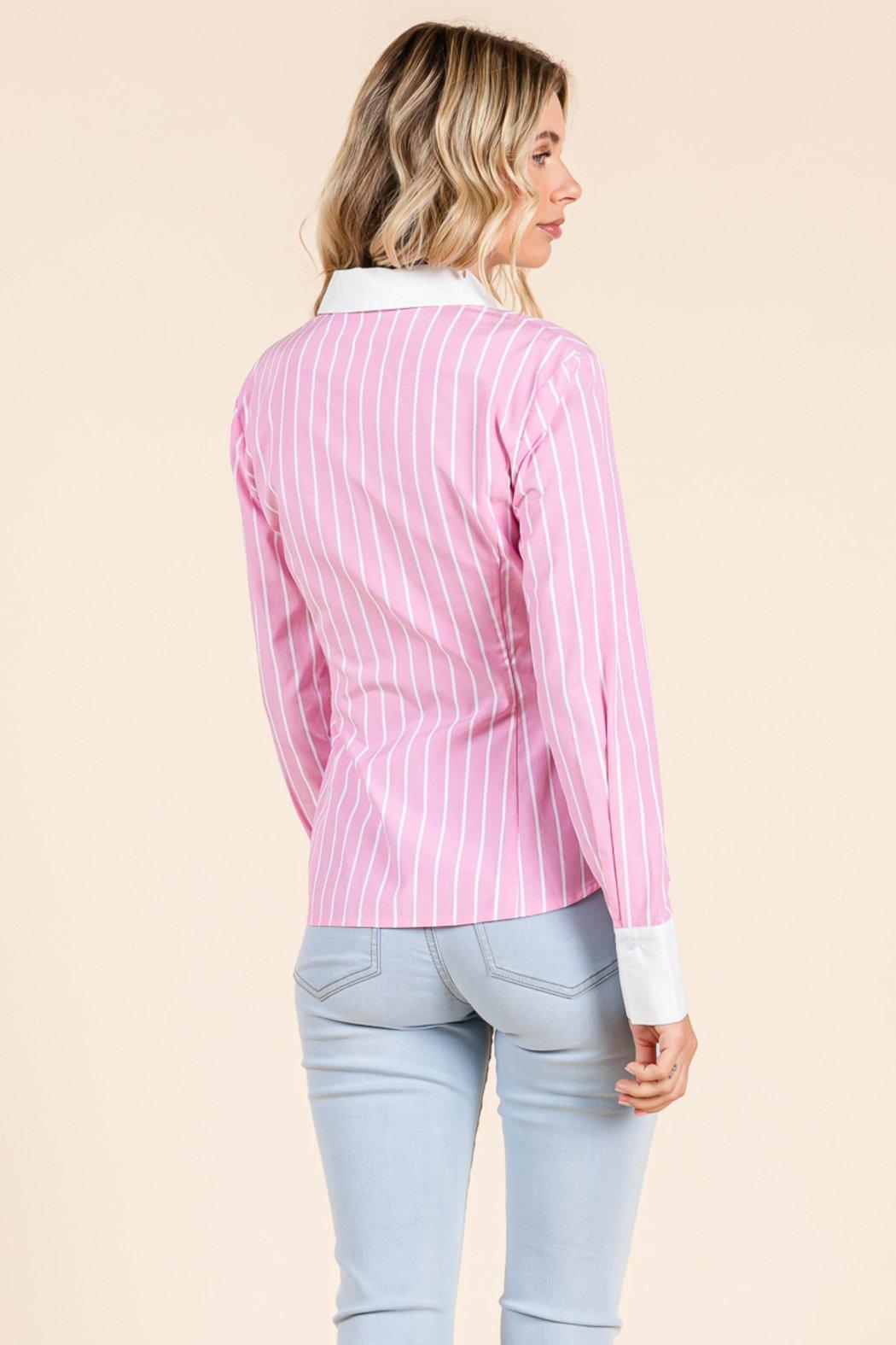 Stripe Button Down Blouse With Contrast Collar Product Image