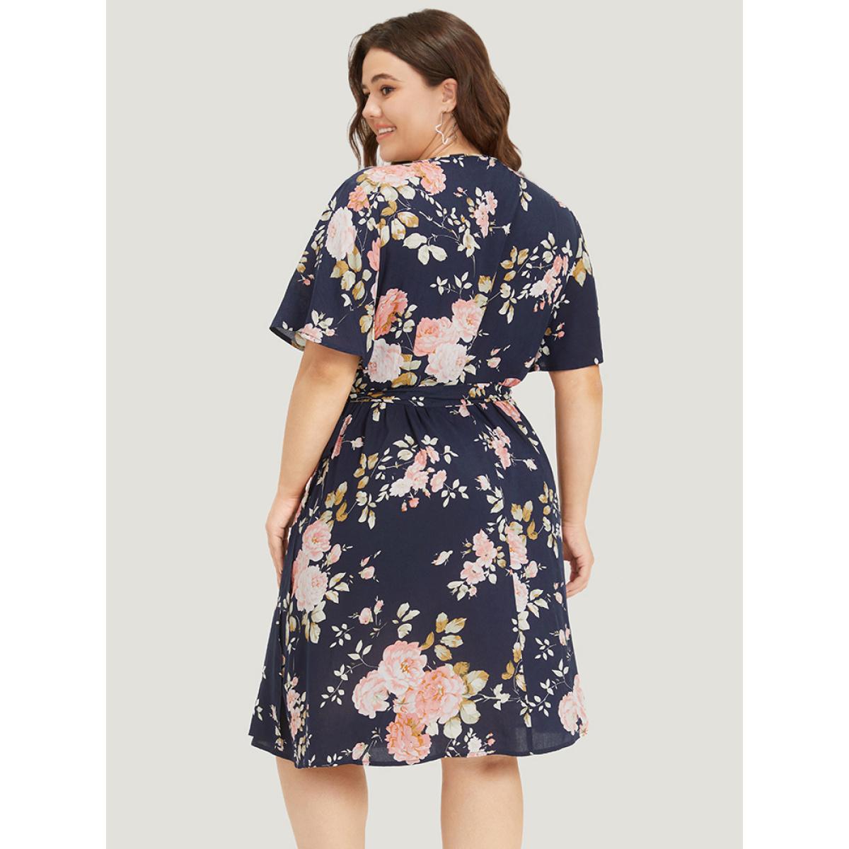 Plus Size Floral Print Pocket Knot Ruffle Sleeve Wrap Dress DarkBlue Women Elegant Wrap V-neck Half Sleeve Curvy Knee Dress BloomChic 30/6X Product Image