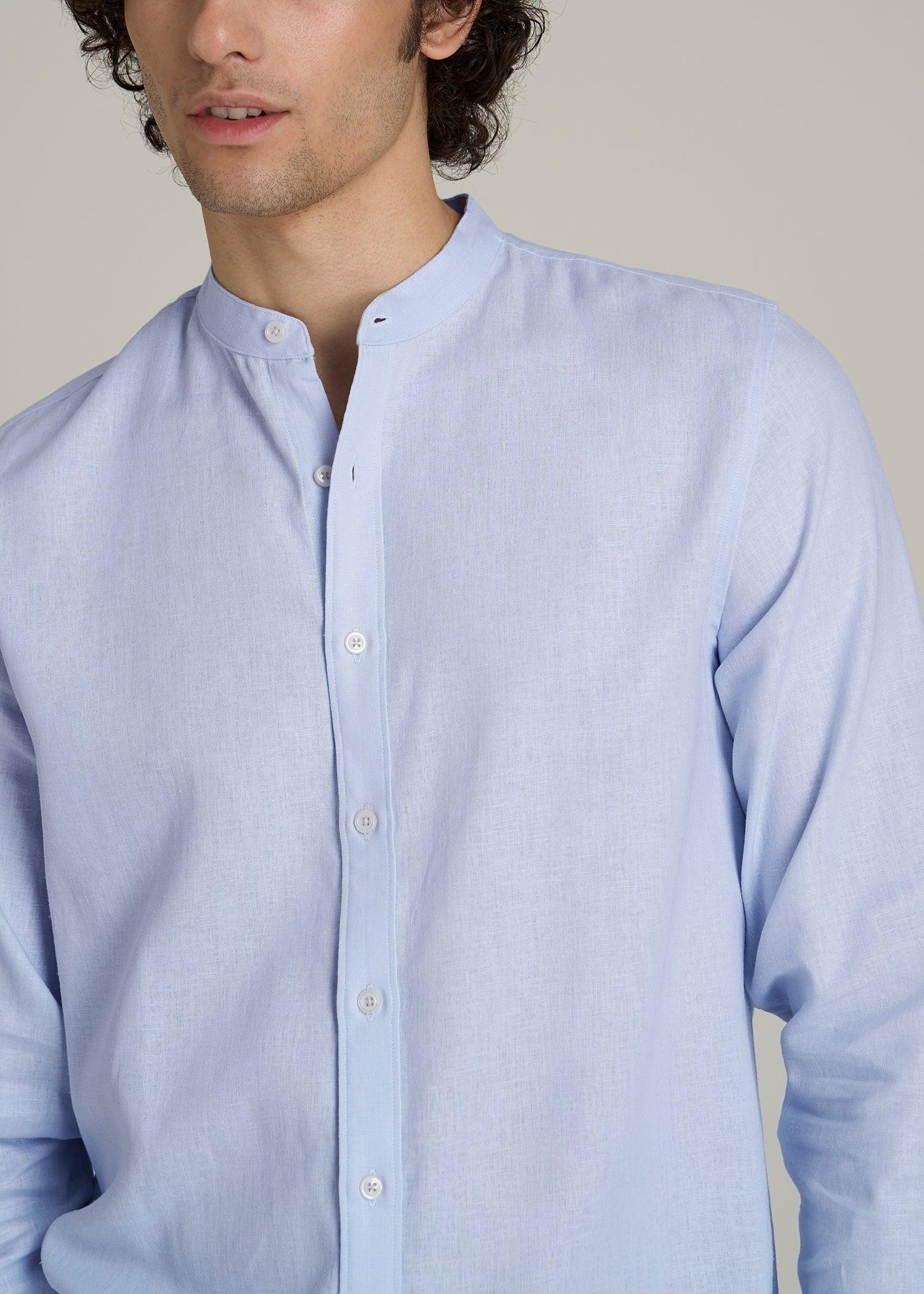 Band Collar Linen Button Shirt for Tall Men in Airy Blue Male Product Image