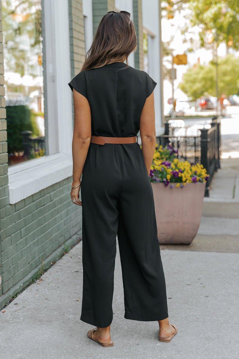Black Short Sleeve Belted Jumpsuit - FINAL SALE Product Image