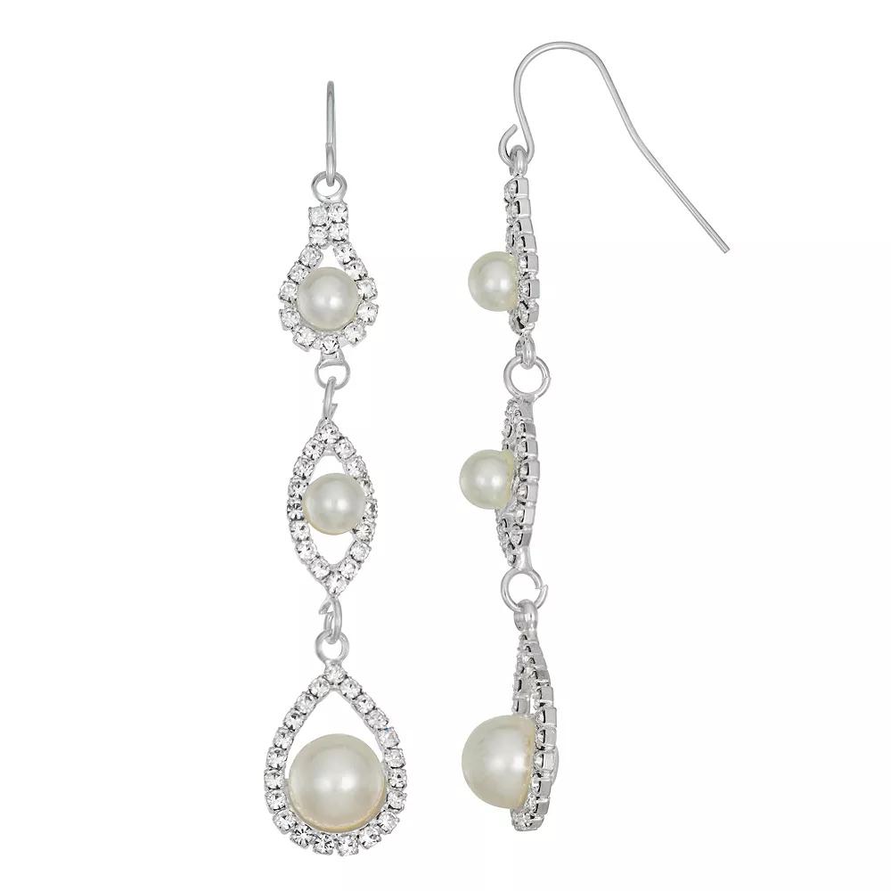 Vieste Graduated Simulated Pearl & Simulated Crystal Linear Drop Earring, Women's, Silver Tone Product Image