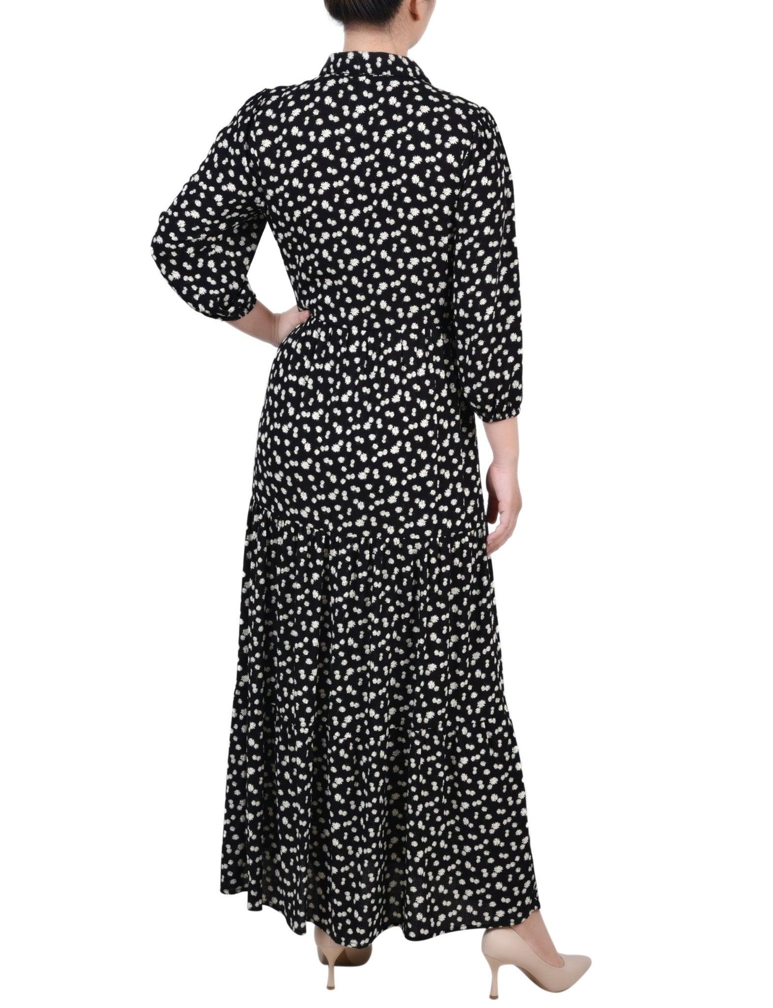 Black White Disty Floral 3/4 Sleeve Crinkle Tiered Maxi Dress - Petite Product Image