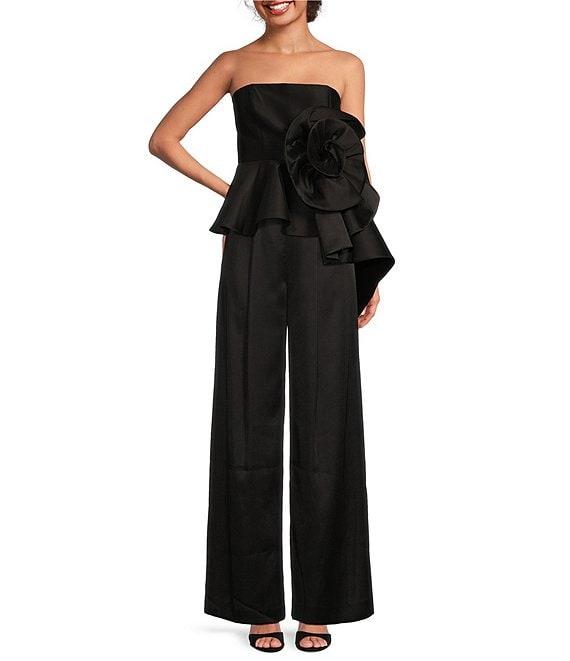 Muse by Marchesa Stretch Mikado Satin 3D Floral Blossom Ruched Straight Neck Sleeveless Running Front Peplum Coordinating Blouse Product Image