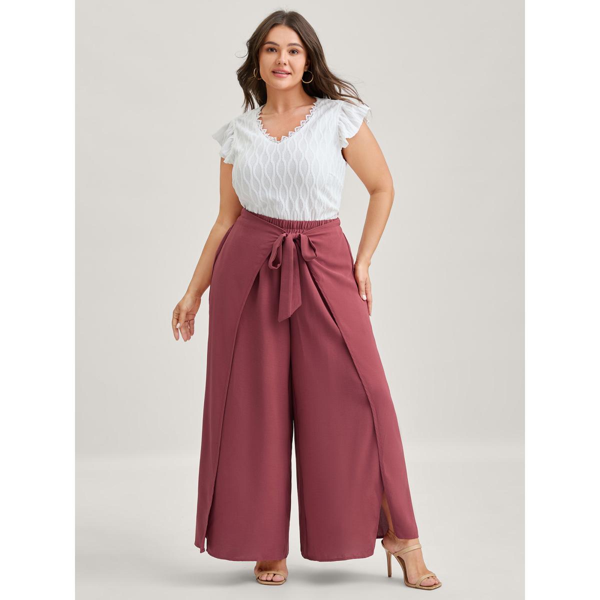 Plus Size Belted Front Overlap Wide-Leg Pants Women Beanpastepowder Timeless Loose Mid Rise Elegant Pants BloomChic 30/6X Product Image