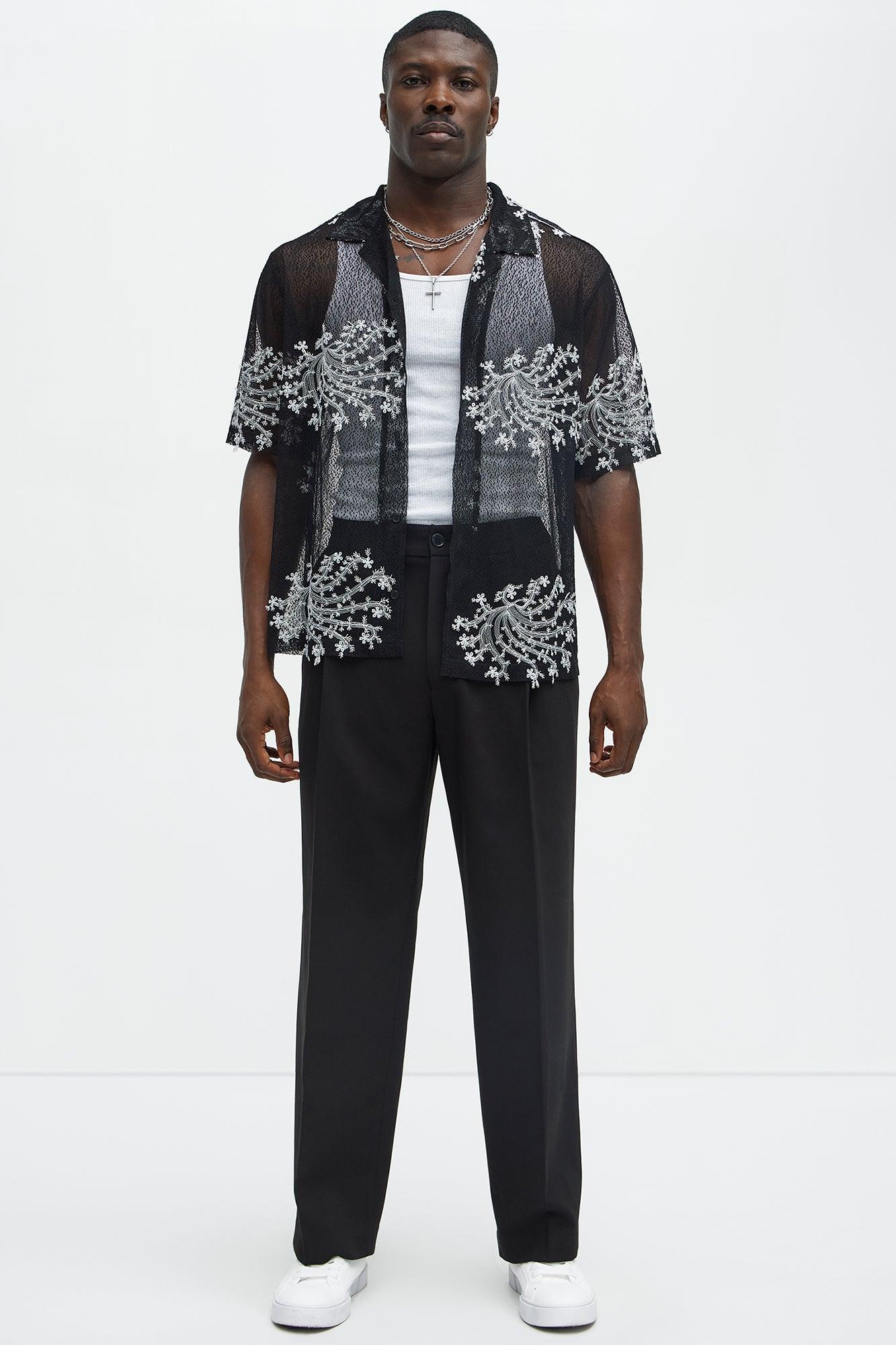 Plant Embroidered Cuban Mesh Shirt - Black Product Image