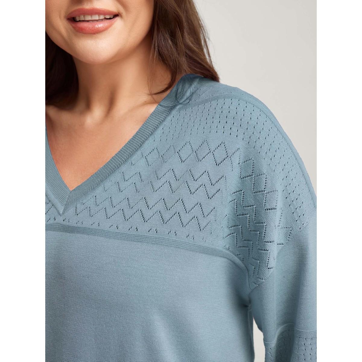 Plus Size Supersoft Textured Eyelet Trim Pullover LightBlue Women Leisure Loose Long Sleeve V-neck Casual Pullovers BloomChic 14-16/1X Product Image