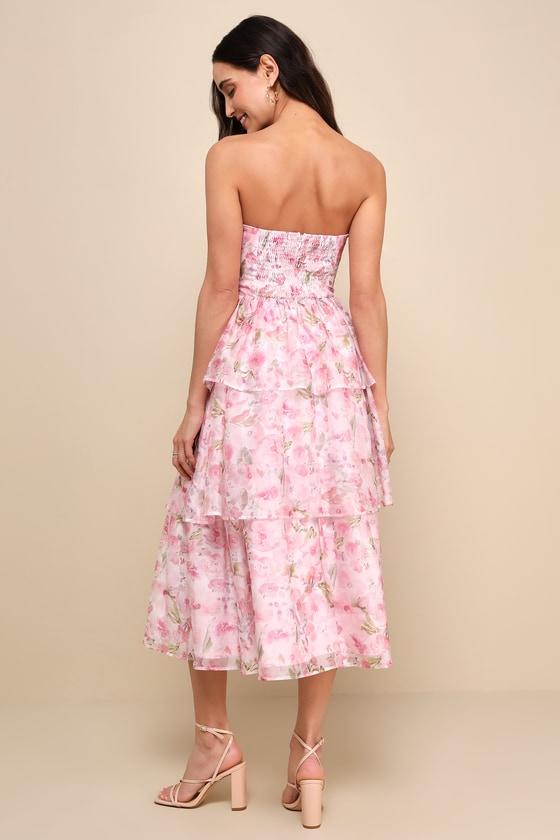 Pristine Cutie Light Pink Floral Organza Bustier Midi Dress Product Image