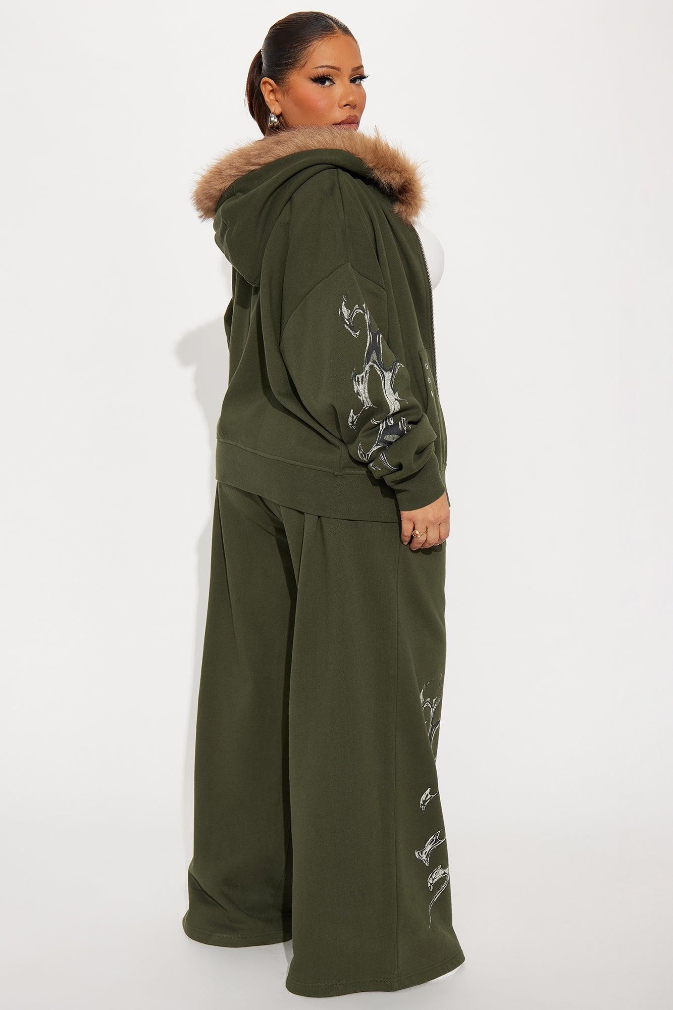 Edgy Vibe Fleece Washed Pant Set - Olive Female Product Image