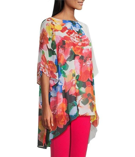 Slim Factor by Investments Multi Fragrant Floral Print Boat Neck 3/4 Sleeve Lined Tunic Product Image