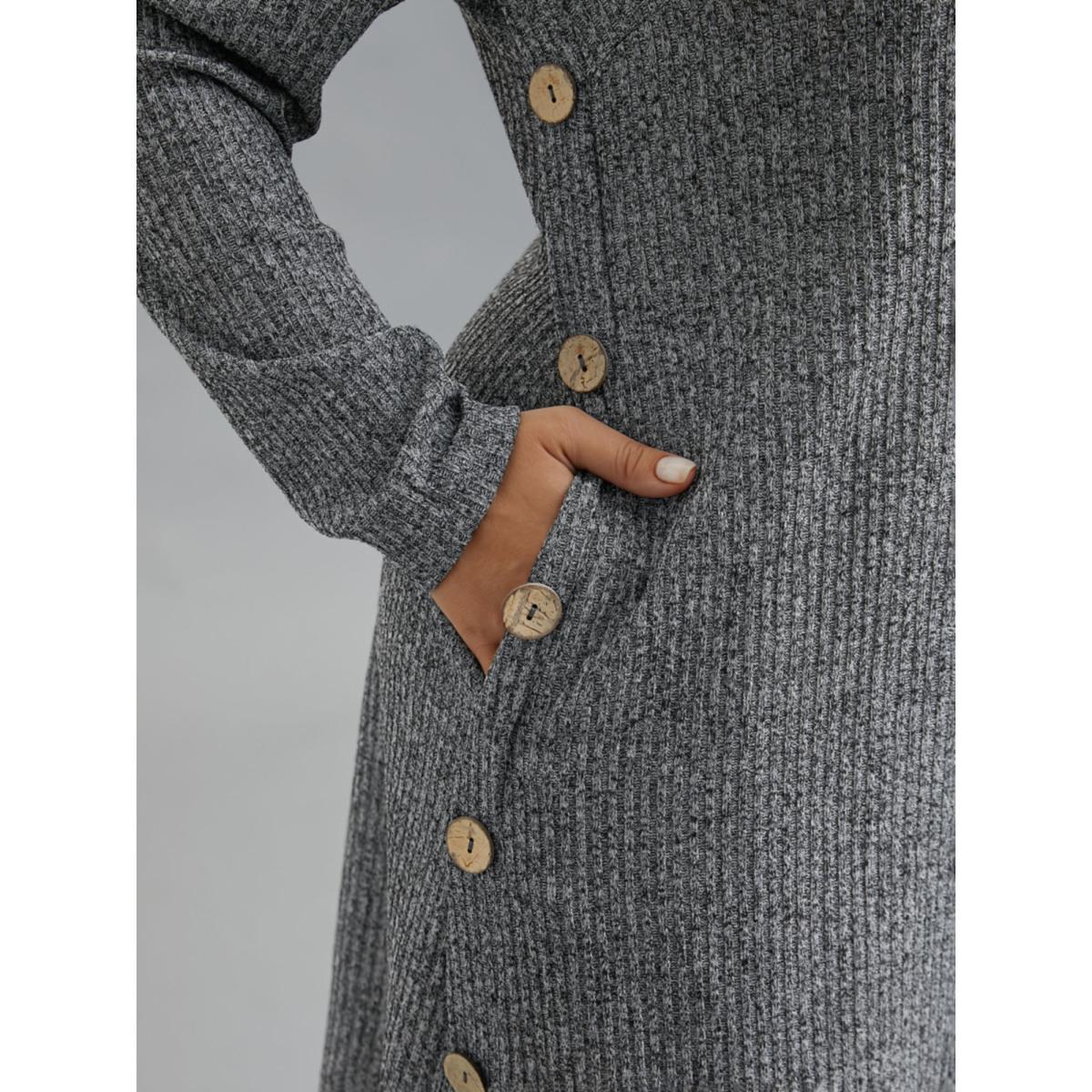 Plus Size Crew Neck HeatherRibbed Knit Dress DimGray Women Leisure Button Knit Dresses Bloomchic 28/5X Product Image