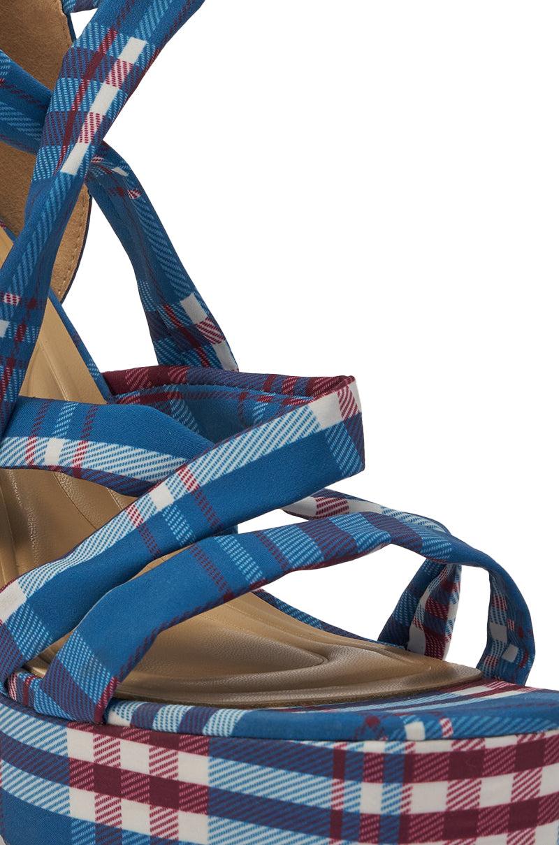 AZALEA WANG JEMISHA BLUE PLAID PRINT PLATFORM STRAPPY SANDAL Product Image
