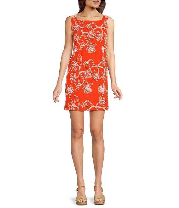 Alex Marie Lily Embroidered Linen Blend Sleeveless Square Neck Dress Product Image