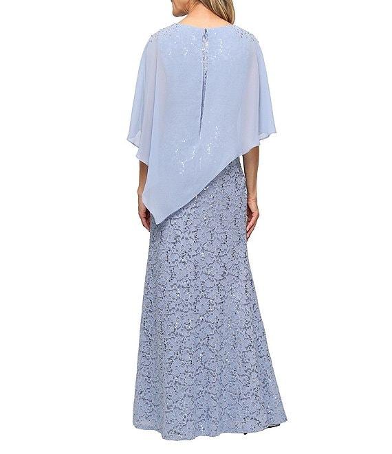 Ignite Evenings Short Sleeve Boat Neck Beaded Sequin Floral Lace Capelet Gown Product Image