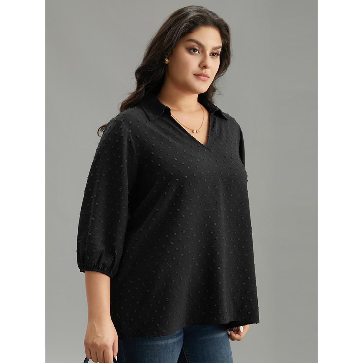 Plus Size Black Plisse Polka Dot Elastic Cuffs Blouse Women Office Elbow-length sleeve Shirt collar Office Blouses BloomChic 26/4X Product Image