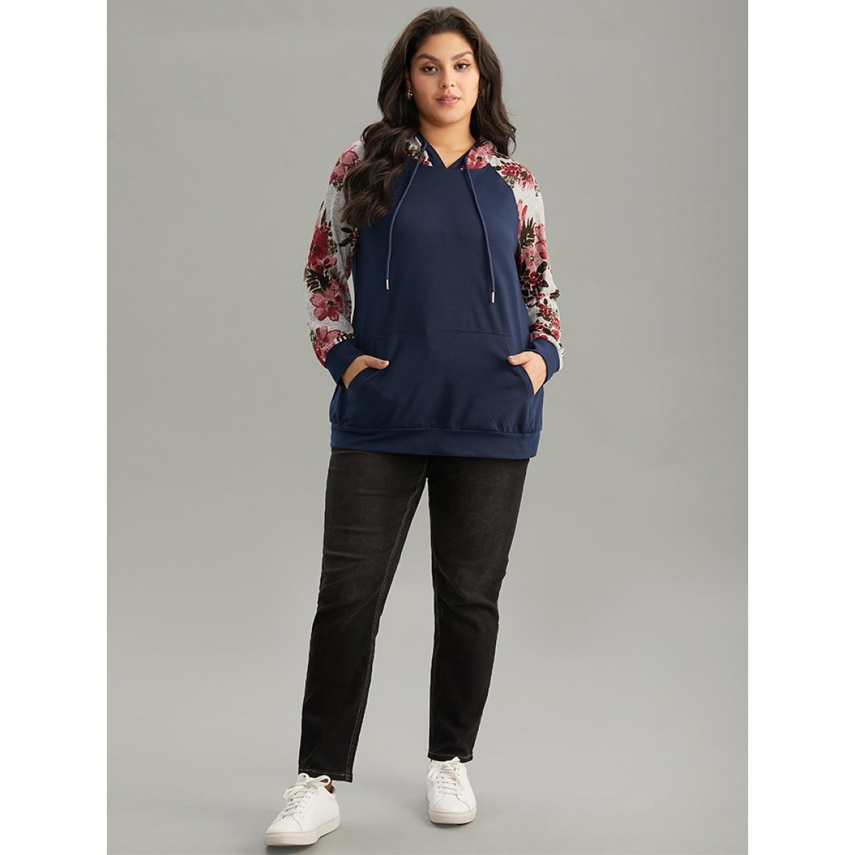Plus Size Floral Patchwork Raglan Sleeve Kangaroo Pocket Sweatshirt Women Indigo Casual Printed Hooded Dailywear Sweatshirts BloomChic 14-16/1X Product Image