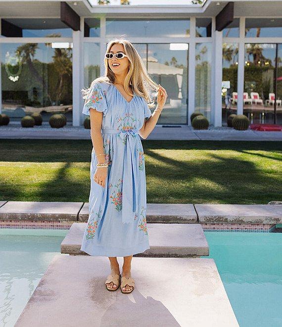 J.Marie Astrid V-Neck Puff Sleeve Embroidered Tie Midi A-Line Dress Product Image