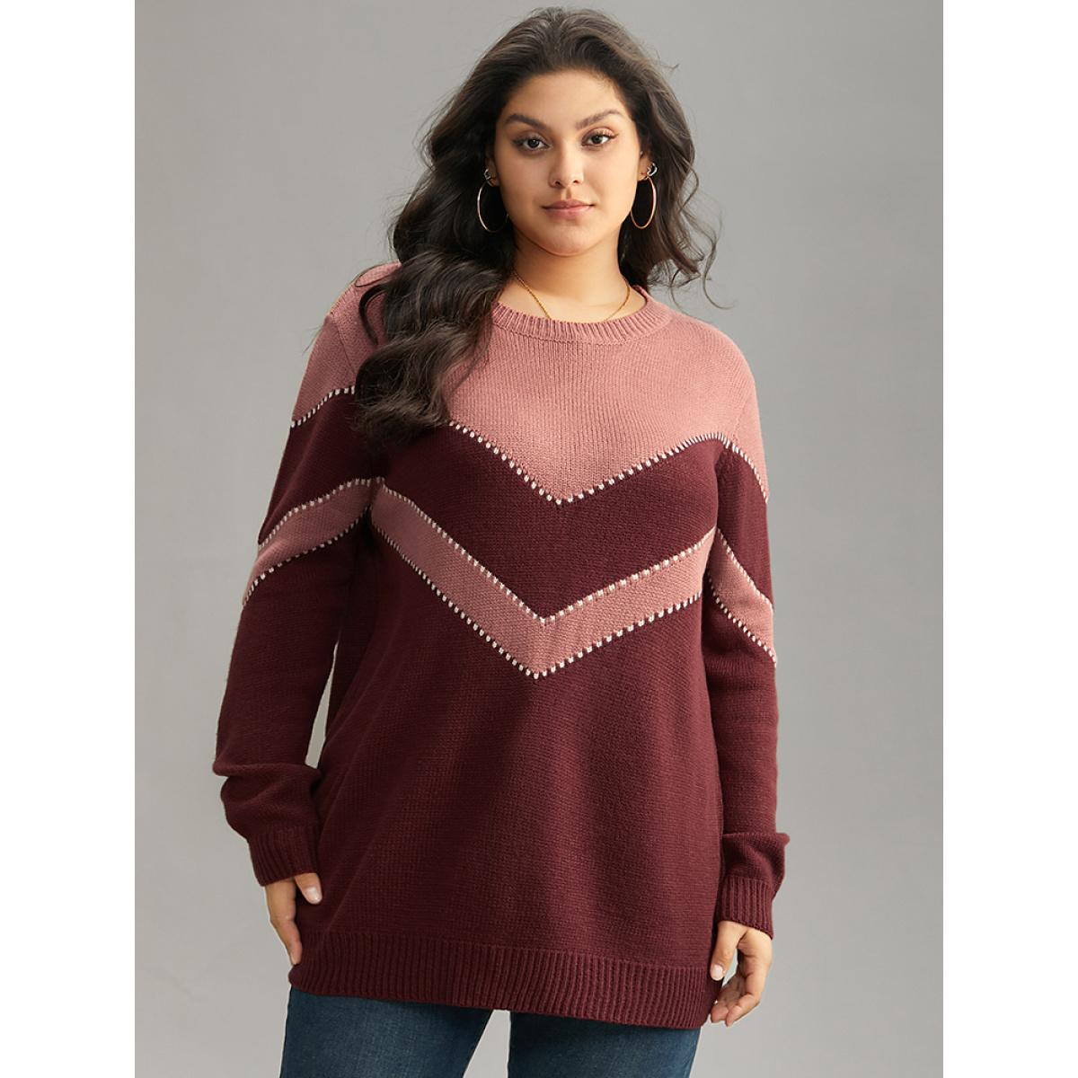 Plus Size Colorblock Contrast Round Neck Pullover Burgundy Women Casual Loose Long Sleeve Round Neck Dailywear Pullovers BloomChic 30/6X Product Image