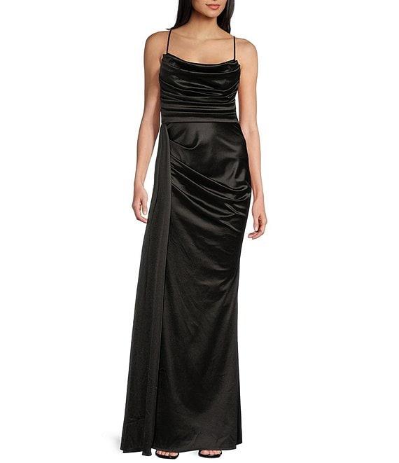 B. Darlin Satin Sweetheart Neckline Side Drape Long Dress Product Image