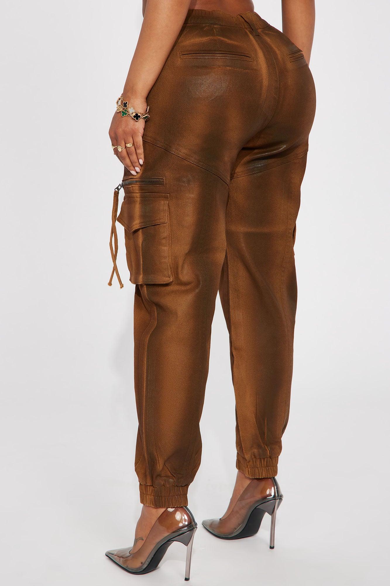 Top Priority Coated Cargo Denim Joggers - Brown Product Image