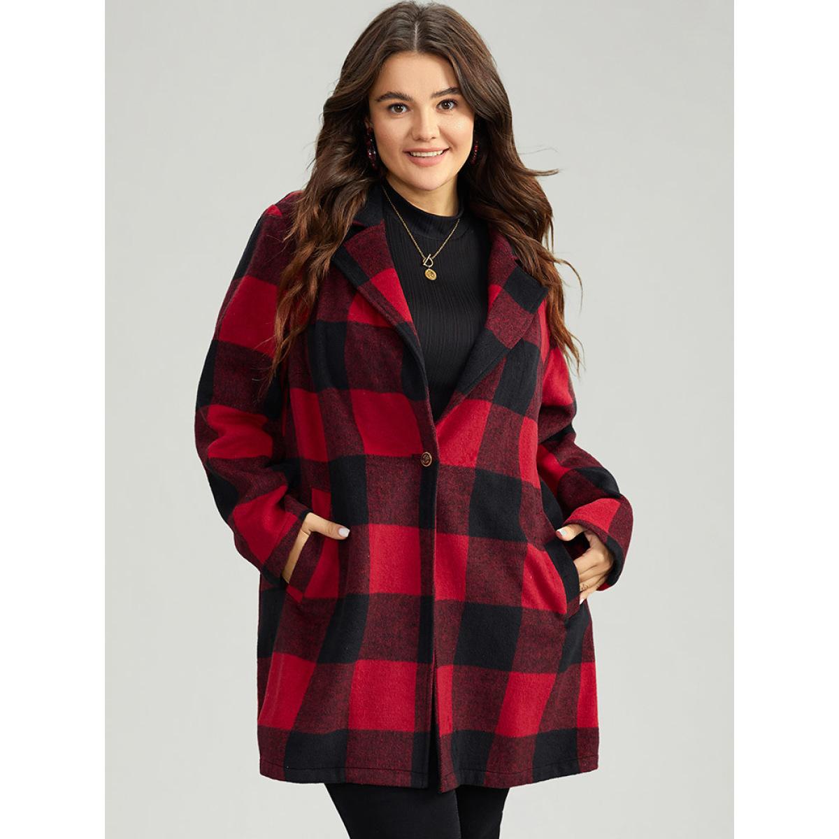 Plus Size Plaid Print Button Down Pocket Tunic Coat Women Crimson Casual Contrast Ladies Dailywear Winter Coats BloomChic 30/6X Product Image