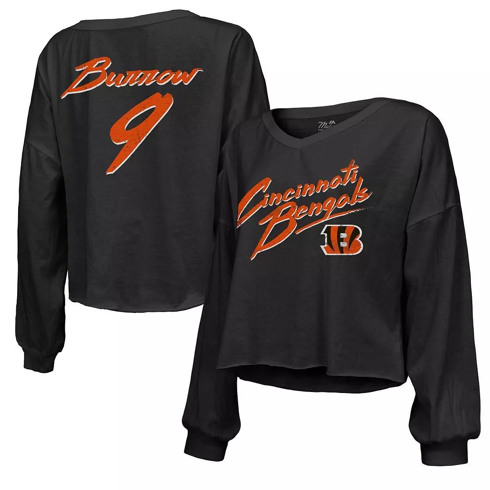 Women's Majestic Threads Joe Burrow Black Cincinnati Bengals Name & Number Off-Shoulder Script Cropped Long Sleeve V-Neck T-Shirt,  Product Image
