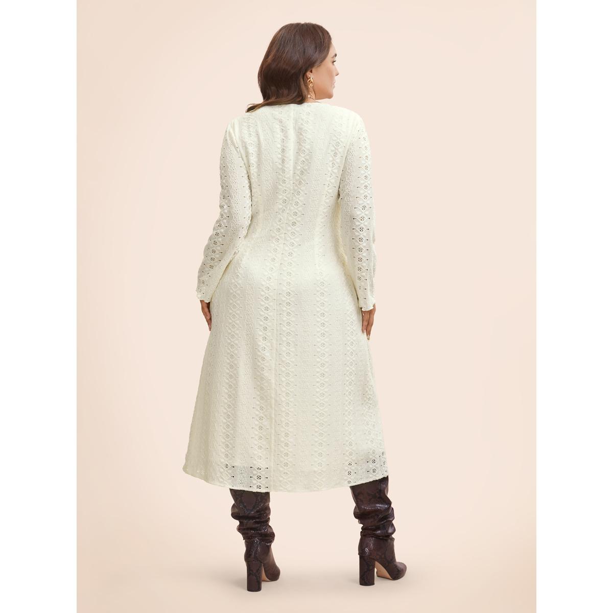Plus Size Solid V Neck Broderie Anglaise Dress Ivory Women Casual Texture V-neck Extra Long Sleeve Curvy BloomChic 30/6X Product Image
