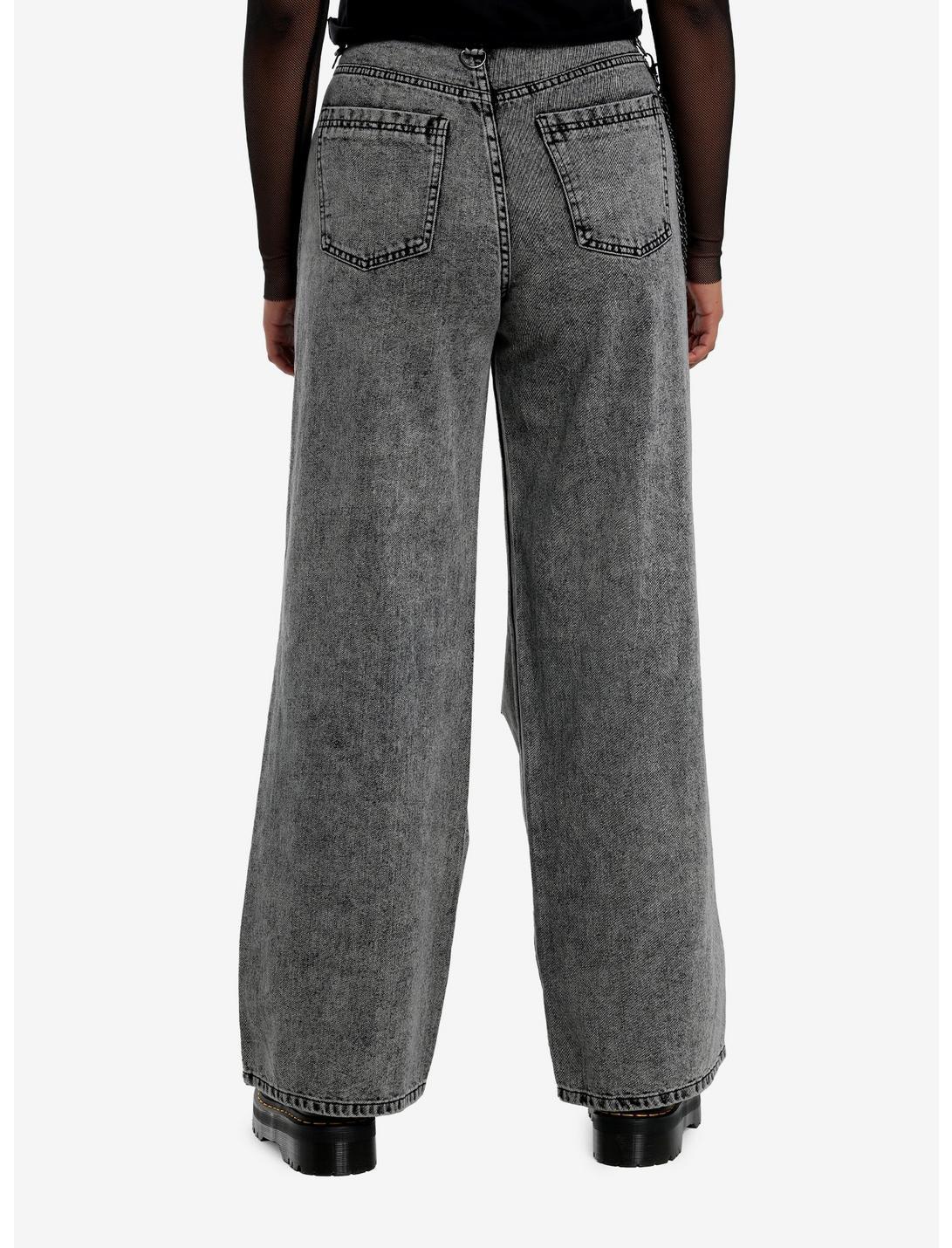 Black Faded Wash Skull Side Chain Wide Leg Jeans Product Image