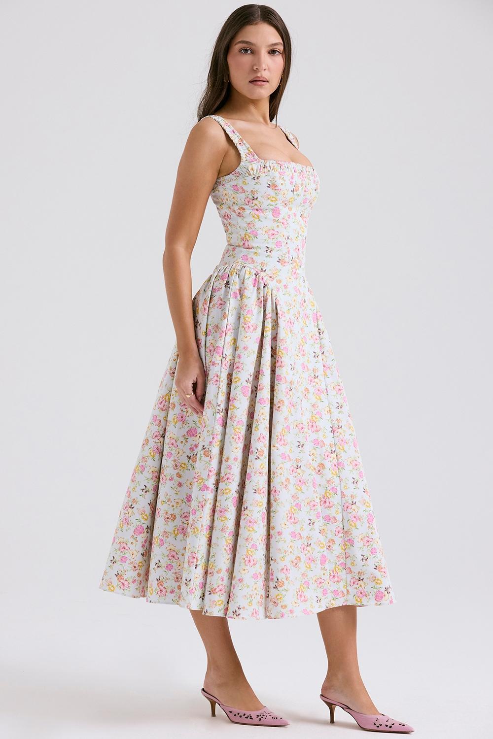 Dorothy  pale blue meadow print cotton midi sundress Product Image