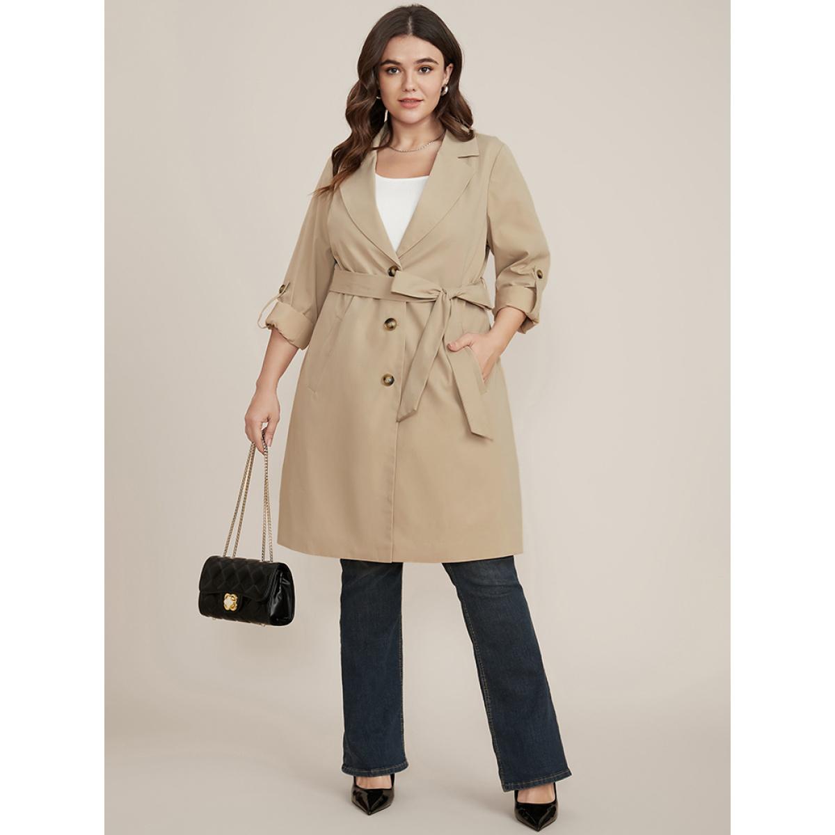 Plus Size Solid Pocket Roll Sleeve Button Up Belted Coat Women Apricot Office Cross straps Ladies Dailywear Winter Coats BloomChic 18-20/2X Product Image