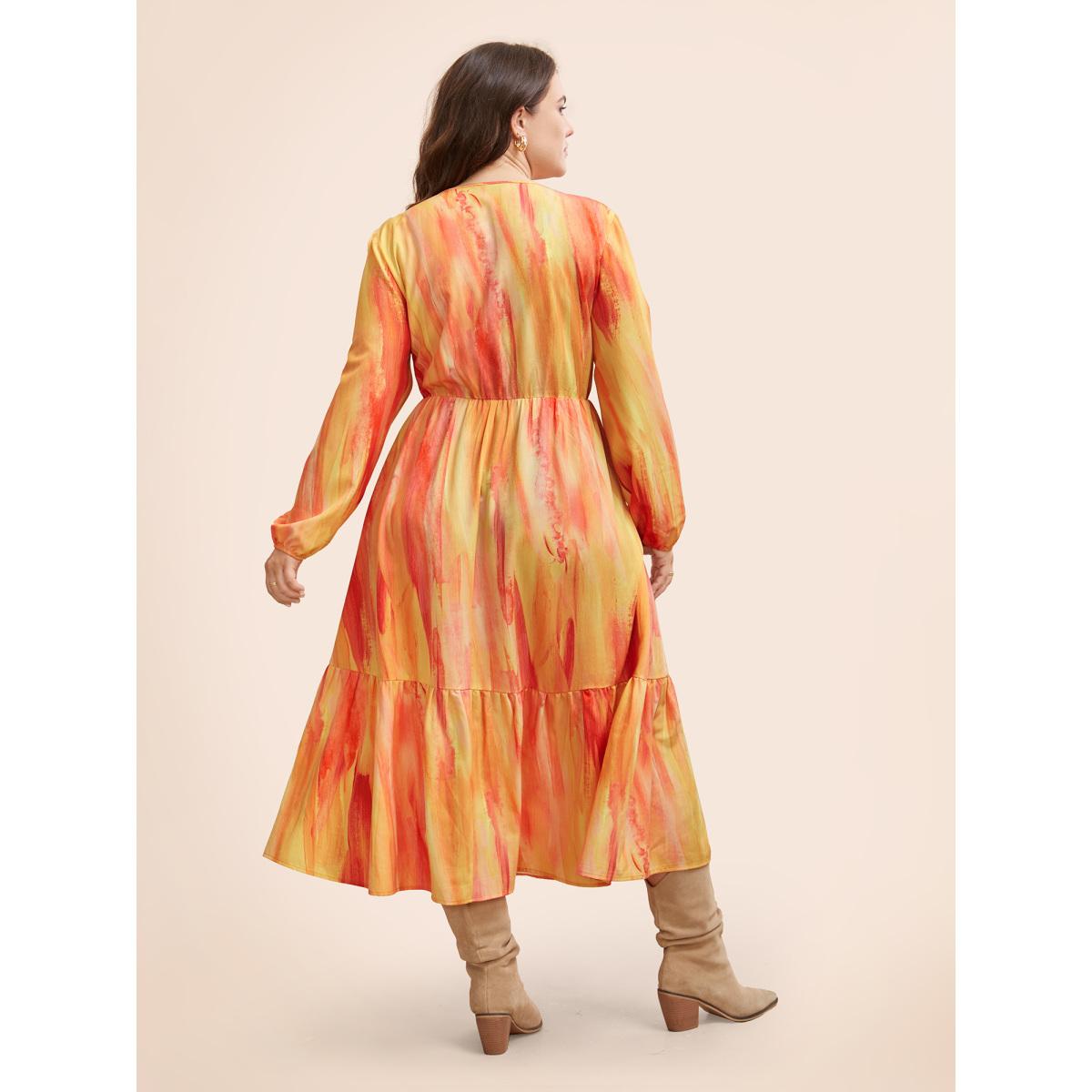 Plus Size Gradient Dyeing Shirred Ruffle Hem Dress Multicolor Women Elegant Gathered V-neck Long Sleeve Curvy BloomChic 22-24/3X Product Image