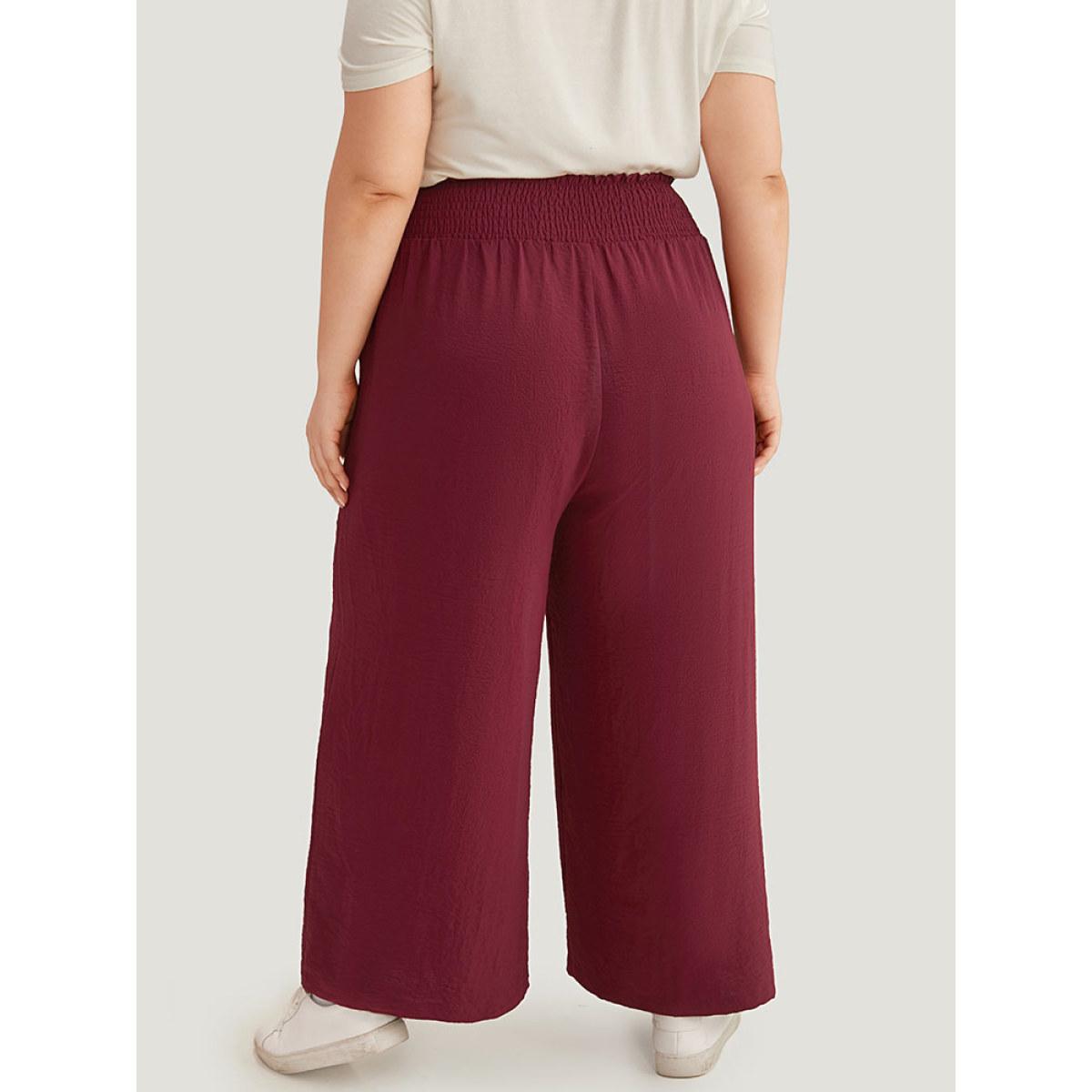 Plus Size Button Detail Shirred Wide Leg Pants Women Burgundy Glamour Wide Leg High Rise Going out Pants BloomChic 10/M Product Image