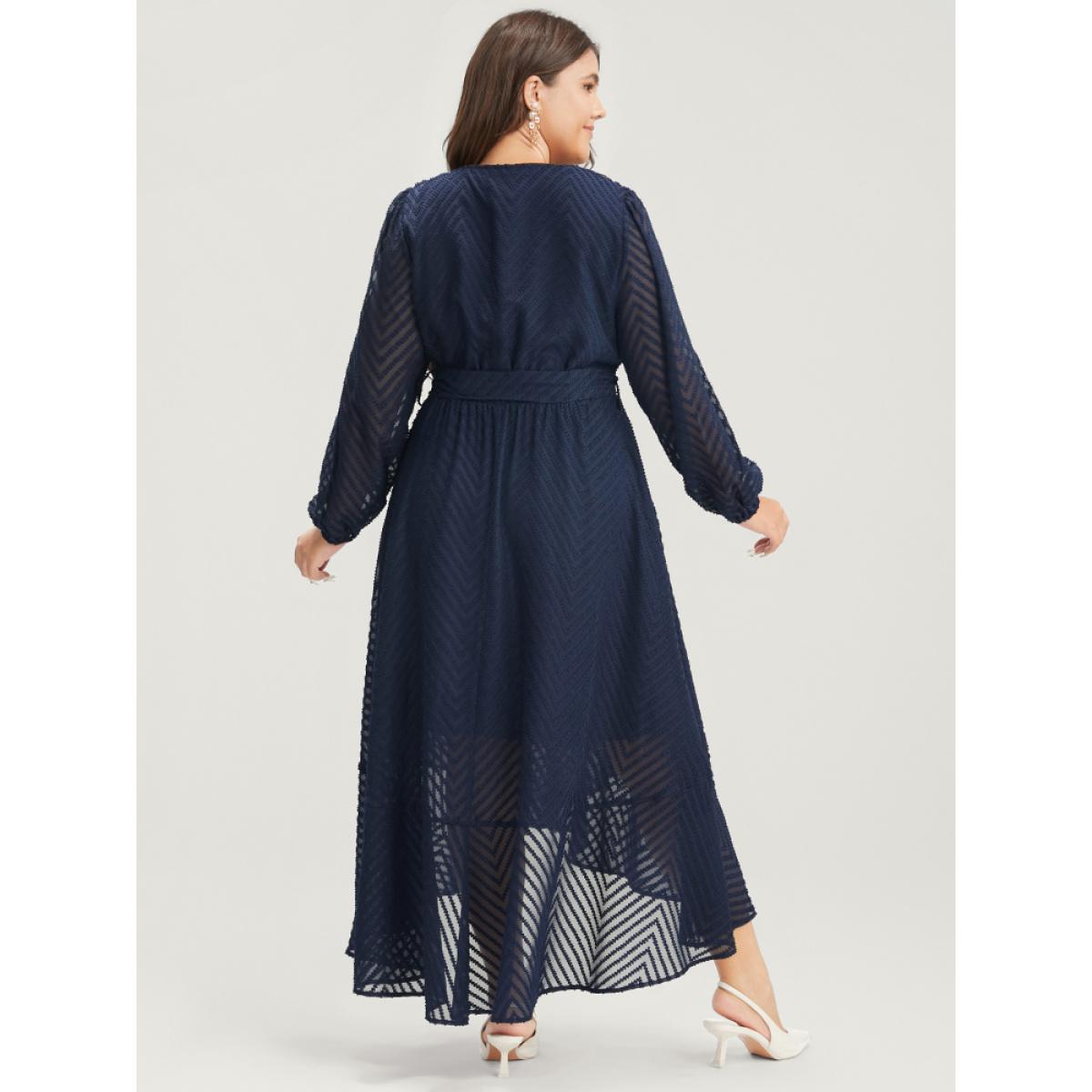 Plus Size Solid Geometric Wrap Pocket Belted Asymmetrical Hem Dress DarkBlue Women Glamour Plain V-neck Long Sleeve Curvy Long Dress BloomChic 12/L Product Image