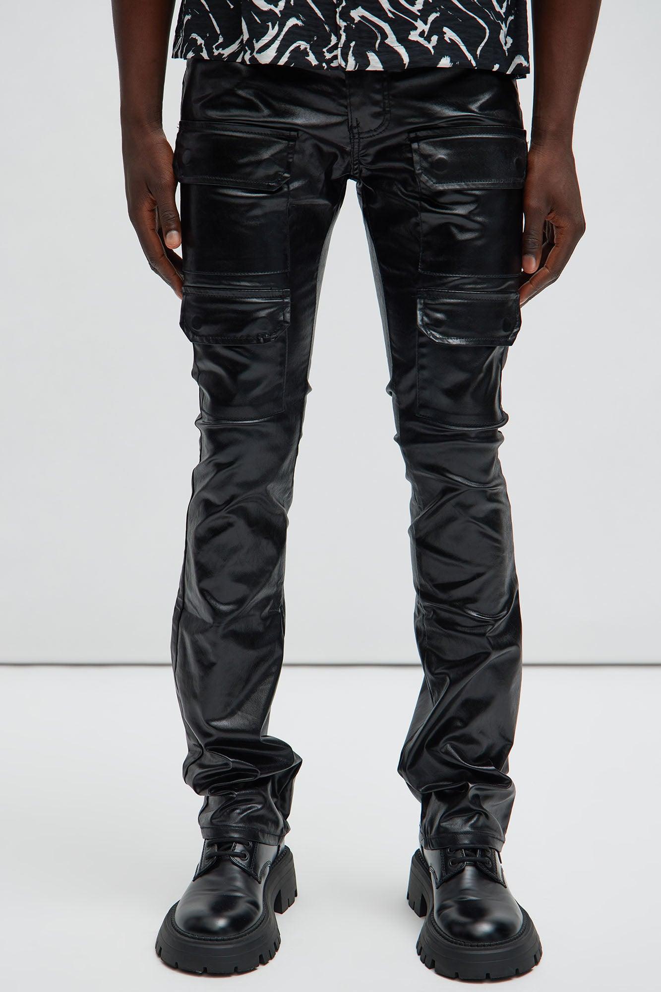 Came To Party Slim Cargo Flare Waxed Pants - Black Product Image
