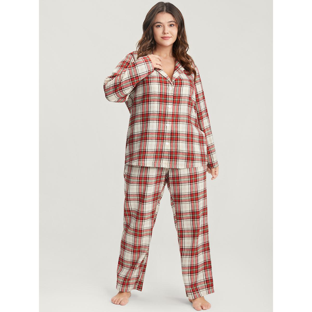 Plus Size Plaid Lapel Collar Button Up Pajama Set Women Scarlet Plaid Elastic Waist Long Sleeve Lapel Collar Casual Loungewear Sets BloomChic 14-16/1X Product Image
