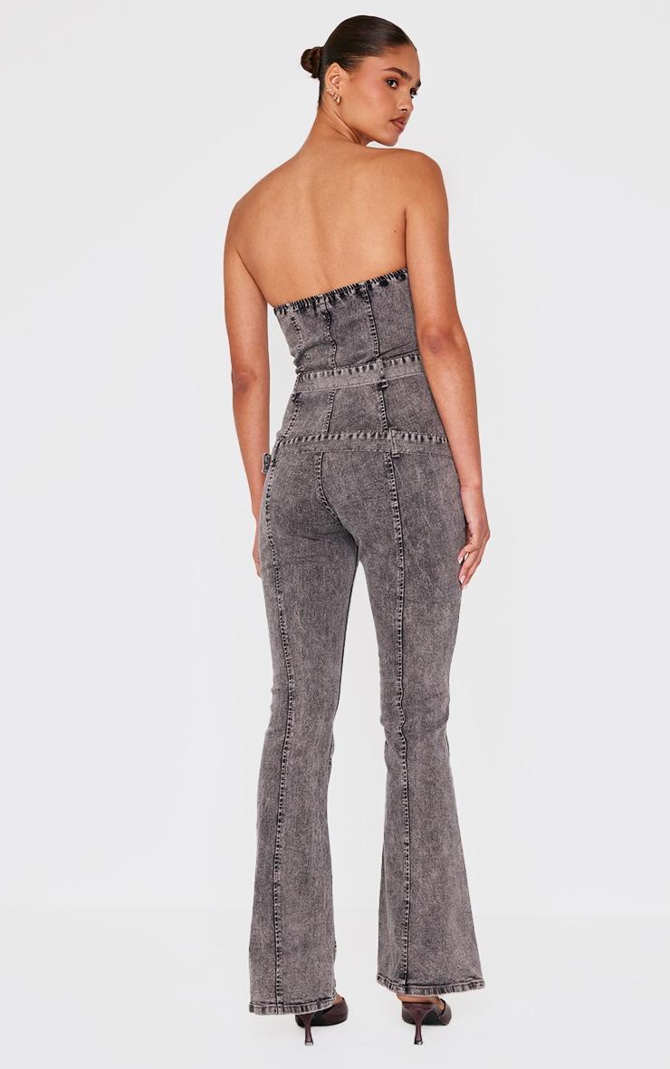 Washed Grey Buckle Detail Straight Leg Denim Jumpsuit Product Image